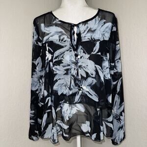 Rokoko Boho Blouse Top Women's Medium Black Floral Sheer Long Sleeve Layered Hem